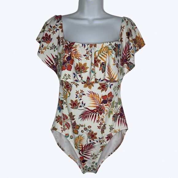 LRL Ralph Lauren Off The Shoulder One Piece Swimsuit Sz 16 White Floral Ruffle - Picture 1 of 16